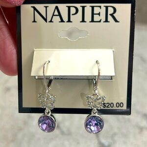 NWT NAPIER Dangling Silver Tone Purple Crystal Leverback Earrings